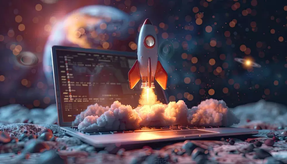 A rocket coming out of a laptop representing the growth of the small businesses that work with me